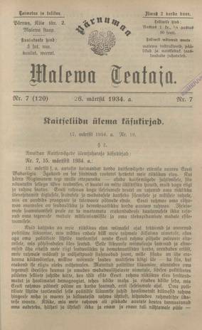Pärnumaa Maleva Teataja ; 7 (120) 1934-03-26