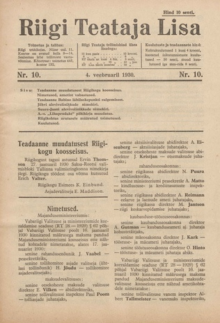 Riigi Teataja Lisa : seaduste alustel avaldatud teadaanded ; 10 1930-02-04