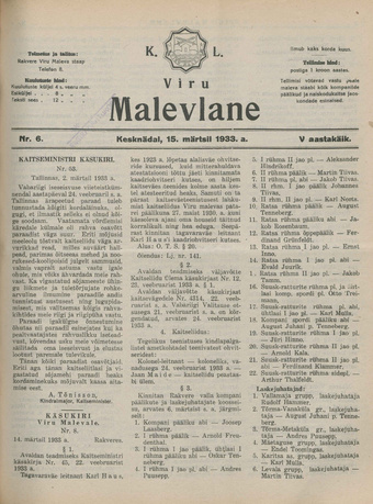 K. L. Viru Malevlane ; 6 1933-03-15