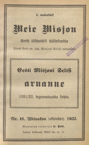 Meie Misjon : Eesti läkitustöö häälekandja ; 10 1932-10