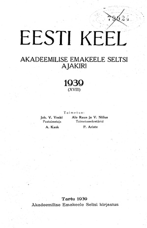Eesti Keel ; sisukord 1939