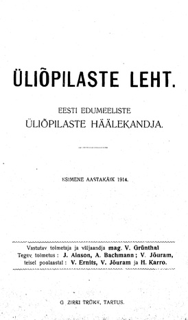 Üliõpilaste Leht ; sisukord 1914