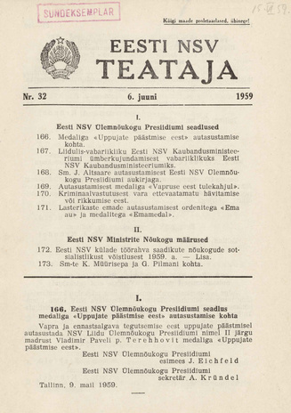 Eesti NSV Teataja = Ведомости Эстонской ССР ; 32 1959-06-06