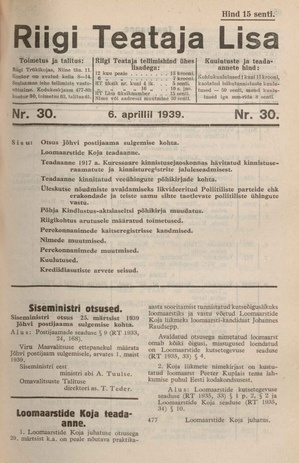 Riigi Teataja Lisa : seaduste alustel avaldatud teadaanded ; 30 1939-04-06