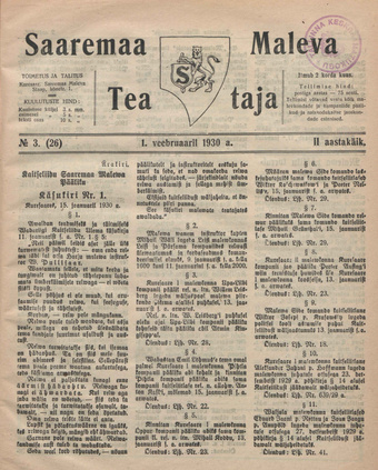 Saaremaa Maleva Teataja ; 3 (26) 1930-02-01