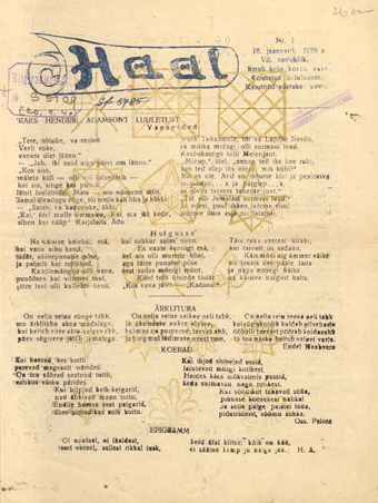 Hääl : kunsti, teaduse ja belletristika kuukiri ; 1 1939-01-16
