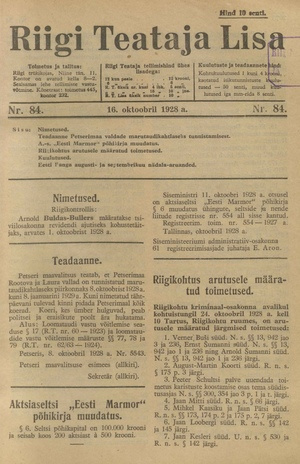 Riigi Teataja Lisa : seaduste alustel avaldatud teadaanded ; 84 1928-10-16