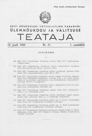 Eesti Nõukogude Sotsialistliku Vabariigi Ülemnõukogu ja Valitsuse Teataja ; 31 1966-07-12