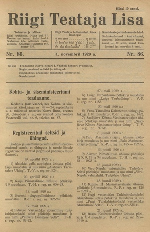 Riigi Teataja Lisa : seaduste alustel avaldatud teadaanded ; 86 1929-11-01
