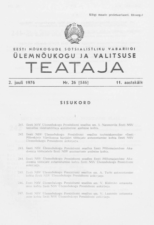 Eesti Nõukogude Sotsialistliku Vabariigi Ülemnõukogu ja Valitsuse Teataja ; 26 (546) 1976-07-02