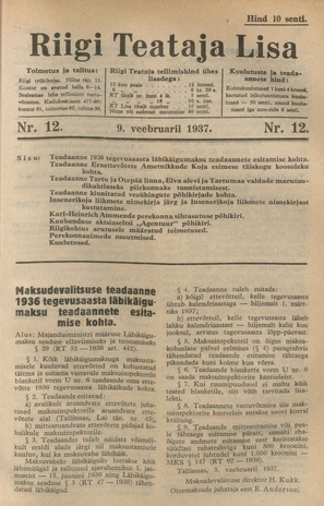 Riigi Teataja Lisa : seaduste alustel avaldatud teadaanded ; 12 1937-02-09