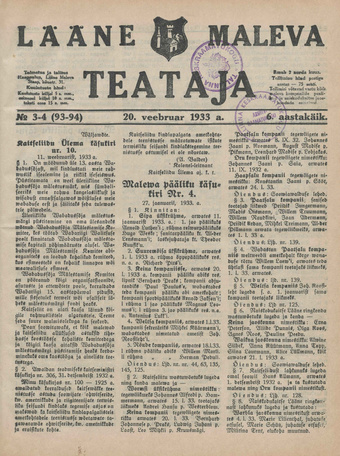 Lääne Maleva Teataja ; 3-4 (93-94) 1933-02-20