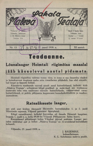 Sakalamaa Maleva Teataja ; 13 1939-06-27
