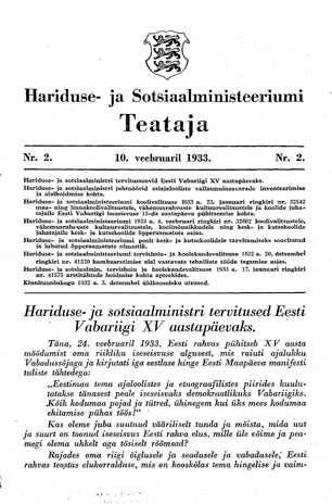 Hariduse- ja Sotsiaalministeeriumi Teataja ; 2 1933-02-10