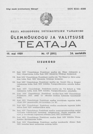 Eesti Nõukogude Sotsialistliku Vabariigi Ülemnõukogu ja Valitsuse Teataja ; 17 (895) 1989-05-19