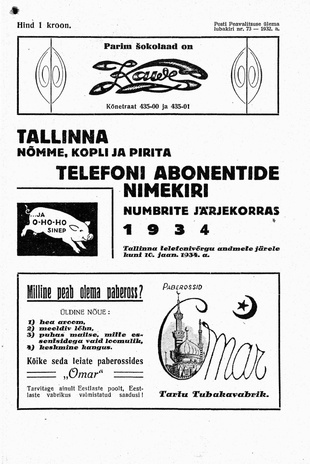 Tallinna, Nõmme, Kopli ja Pirita telefoni abonentide nimekiri numbrite järjekorras 1934