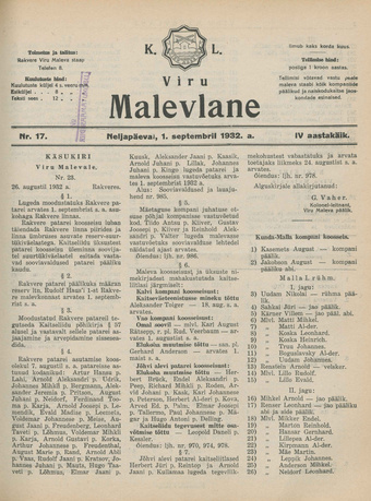 K. L. Viru Malevlane ; 17 1932-09-01