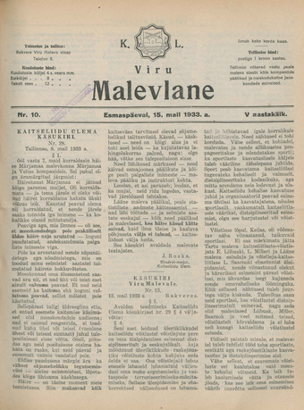 K. L. Viru Malevlane ; 10 1933-05-15
