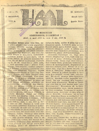 Hääl : kunsti, teaduse ja belletristika kuukiri ; 15-18 1934-11-03