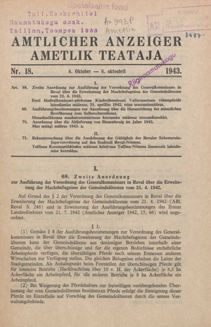 Ametlik Teataja. I/II osa = Amtlicher Anzeiger. I/II Teil ; 18 1943-10-06