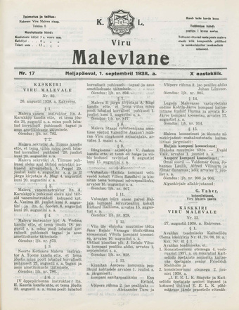 K. L. Viru Malevlane ; 17 1938-09-01