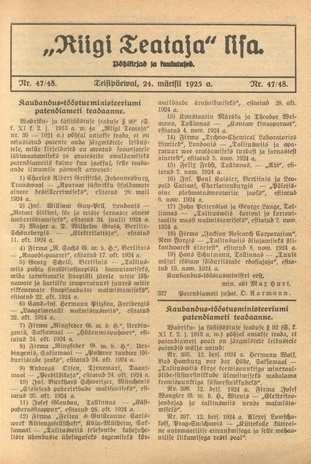 Riigi Teataja Lisa : seaduste alustel avaldatud teadaanded ; 47/48 1925-03-24