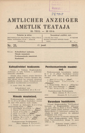 Ametlik Teataja. III osa = Amtlicher Anzeiger. III Teil ; 25 1943-06-17