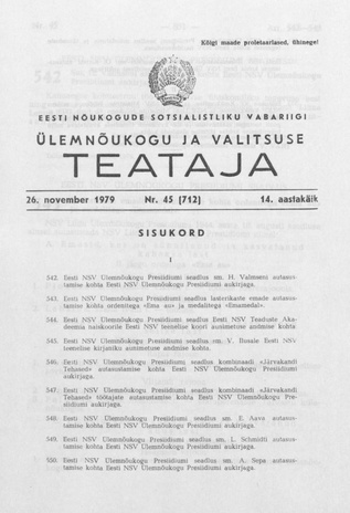Eesti Nõukogude Sotsialistliku Vabariigi Ülemnõukogu ja Valitsuse Teataja ; 45 (712) 1979-11-26