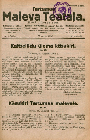 Tartumaa Maleva Teataja ; 13 (80) 1932-08-13