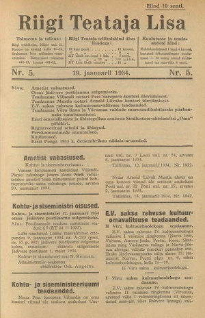 Riigi Teataja Lisa : seaduste alustel avaldatud teadaanded ; 5 1934-01-19