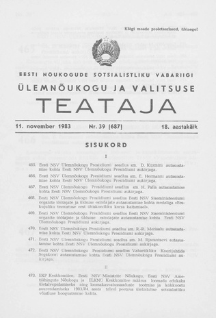Eesti Nõukogude Sotsialistliku Vabariigi Ülemnõukogu ja Valitsuse Teataja ; 39 (687) 1983-11-11
