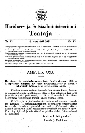 Hariduse- ja Sotsiaalministeeriumi Teataja ; 12 1933-10-06