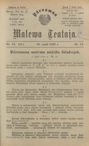 Pärnumaa Maleva Teataja ; 13 (41) 1930-07-10