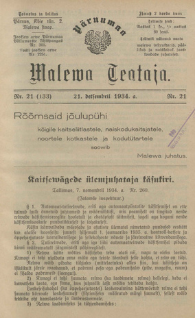 Pärnumaa Maleva Teataja ; 21 (133) 1934-12-21