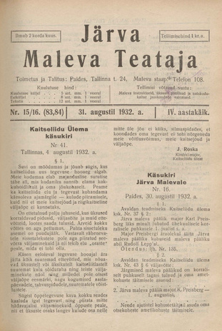 Järva Maleva Teataja ; 15/16 (83,84) 1932-08-31