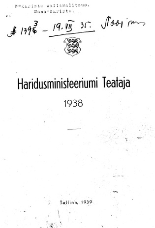 Haridusministeeriumi Teataja ; sisukord 1938
