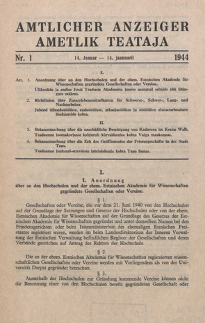 Ametlik Teataja. I/II osa = Amtlicher Anzeiger. I/II Teil ; 1 1944-01-14