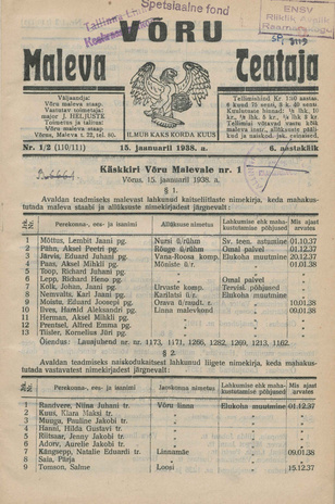 Võru Maleva Teataja ; 1/2 (110/111) 1938-01-15