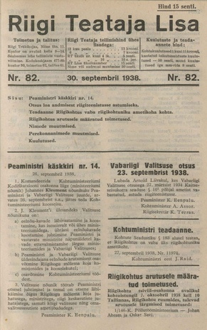 Riigi Teataja Lisa : seaduste alustel avaldatud teadaanded ; 82 1938-09-30