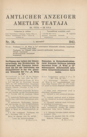 Ametlik Teataja. III osa = Amtlicher Anzeiger. III Teil ; 36 1942-11-05