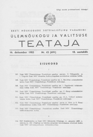 Eesti Nõukogude Sotsialistliku Vabariigi Ülemnõukogu ja Valitsuse Teataja ; 43 (691) 1983-12-16