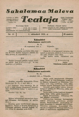 Sakalamaa Maleva Teataja ; 17 1931-10-01
