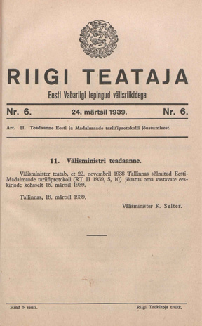 Riigi Teataja. Eesti Vabariigi lepingud välisriikidega ; 6 1939-03-24