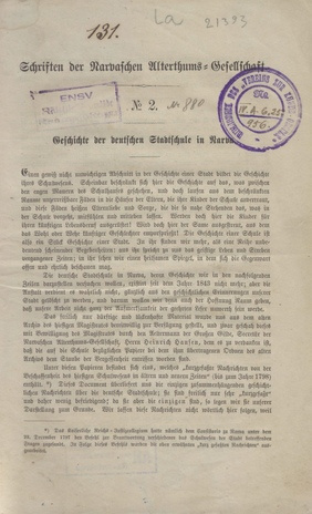 Geschichte der deutschen Stadtschule in Narva (Schriften der Narvaschen Alterthums-Gesellschaft ; N 2.)