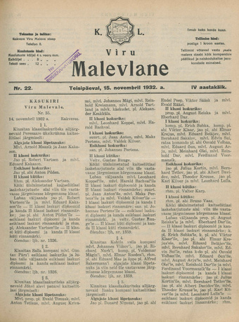 K. L. Viru Malevlane ; 22 1932-11-15