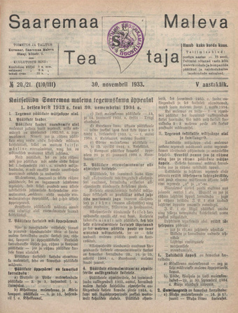 Saaremaa Maleva Teataja ; 20/21 (110/111) 1933-11-30