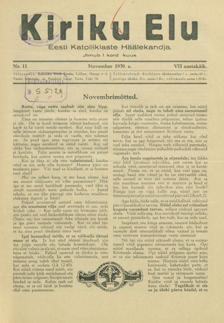 Kiriku Elu : Eesti Katoliiklaste Häälekandja ; 11 1939-11-01