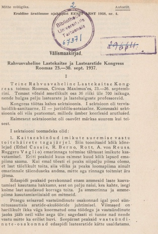 Välismaakirjad : Rahvusvaheline lastekaitse ja lastearstide kongress Roomas 23. - 30. sept. 1937