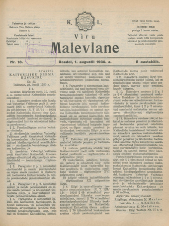 K. L. Viru Malevlane ; 18 1930-08-01