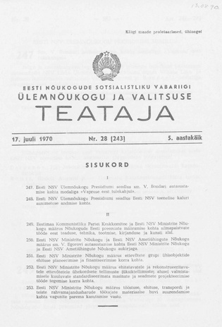 Eesti Nõukogude Sotsialistliku Vabariigi Ülemnõukogu ja Valitsuse Teataja ; 28 (243) 1970-07-17